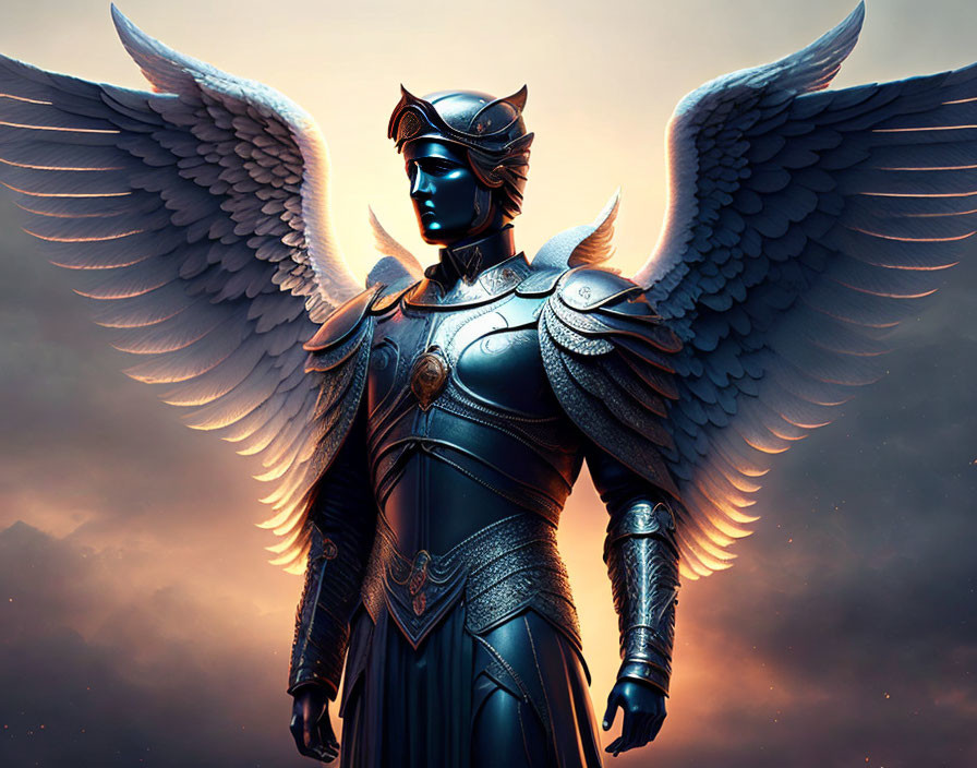 Armored angelic figure with majestic wings in dramatic sky.