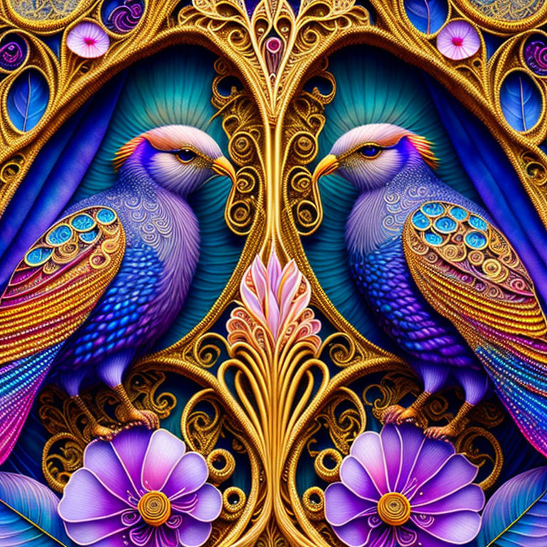 Symmetrical peacocks with elaborate feathers in vibrant digital artwork