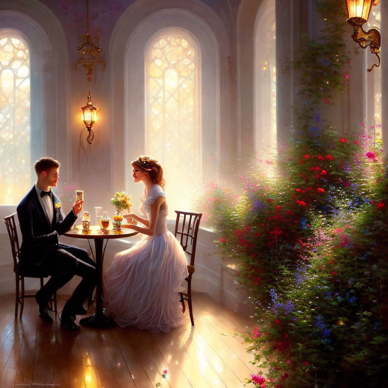 Formal couple in ornate room with flowers and chandeliers