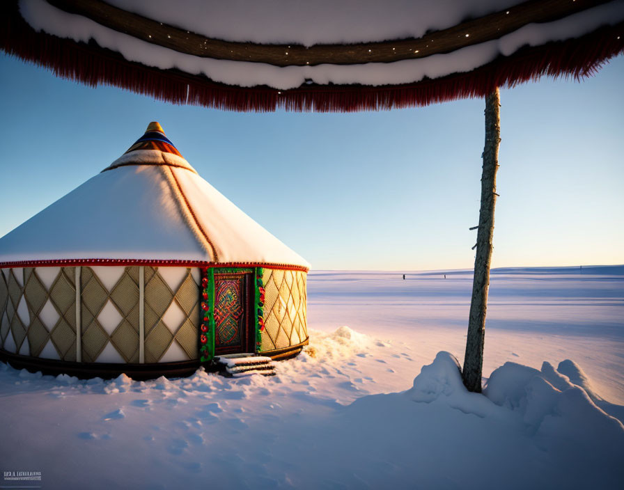 Traditional Yurt in Snowy Landscape at Sunrise or Sunset