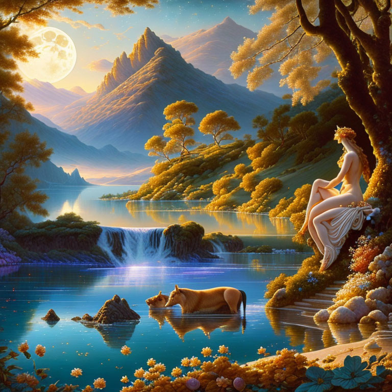 Fantasy landscape at night with figure, tiger, lake, and mountains