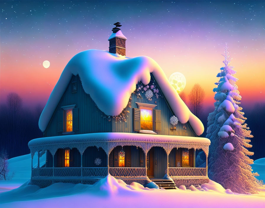 Snow-covered cottage at twilight in winter landscape with glowing windows