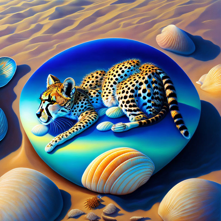 Surreal cheetah in sunglasses on colorful desert float