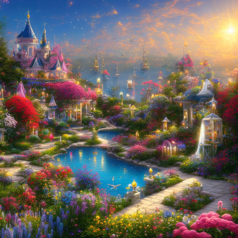 Enchanted garden with fairy-tale castle, blooming flowers, pond, ships, sunset sky