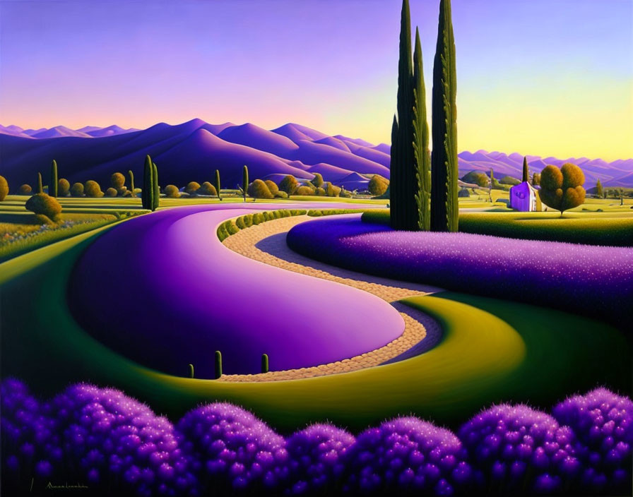 Colorful painting of stylized landscape with purple fields, cypress trees, and yellow sky