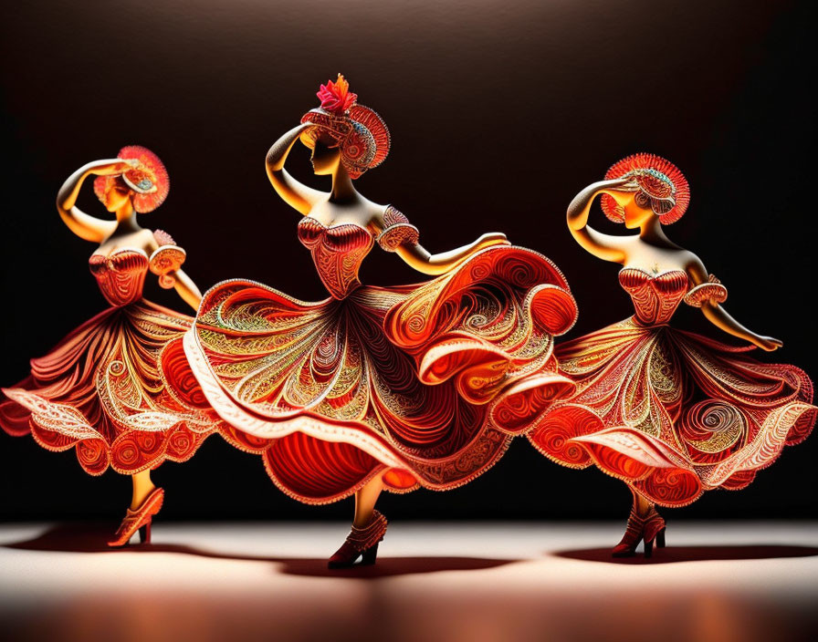 Stylized dancers in swirling red and orange dresses on dark background