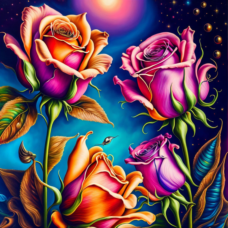 Colorful roses under starry sky with celestial body and hummingbird in flight