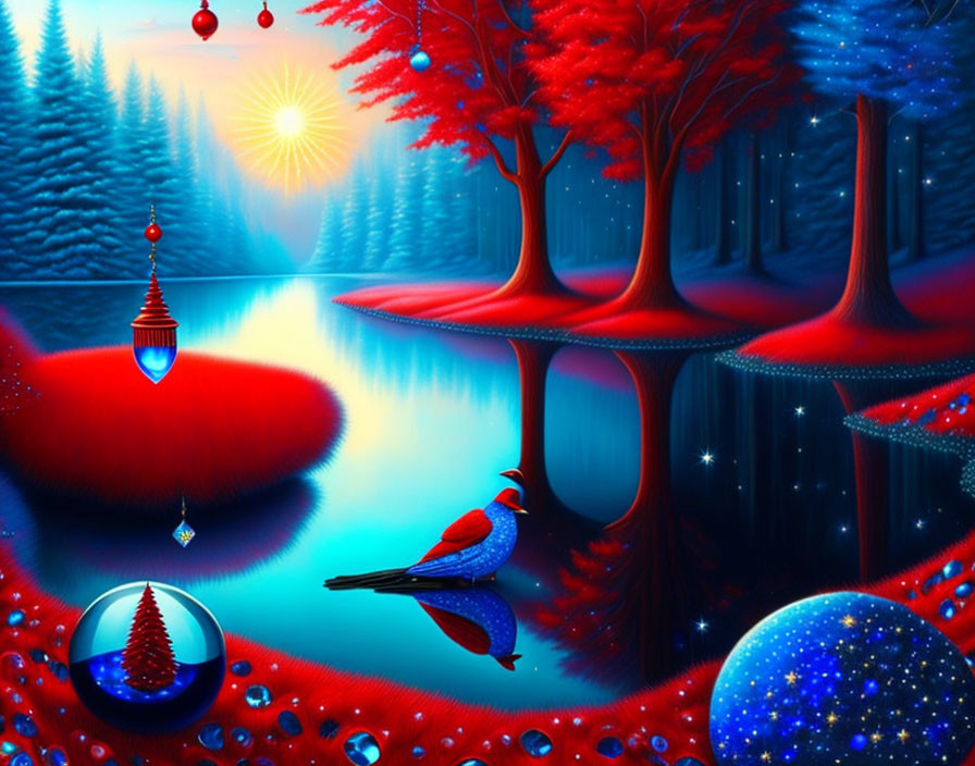 Colorful artwork of magical forest with red trees, blue lake, cardinal bird, and sunset