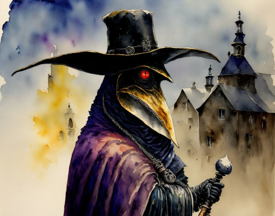 Stylized painting of plague doctor in beaked mask, hat, cloak, holding stick, with