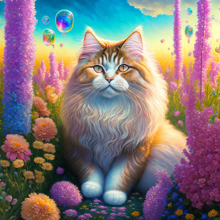 Fluffy cat in vibrant flower field with soap bubbles under blue sky