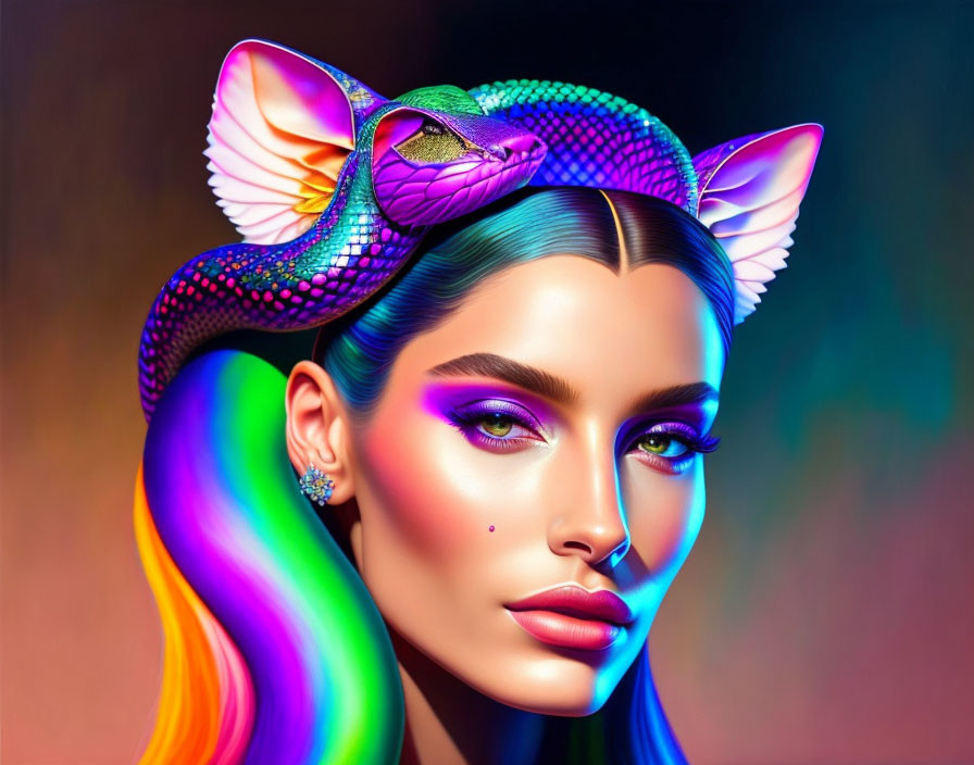 Vibrant digital artwork: Woman with rainbow snake, hair, cat ears, makeup