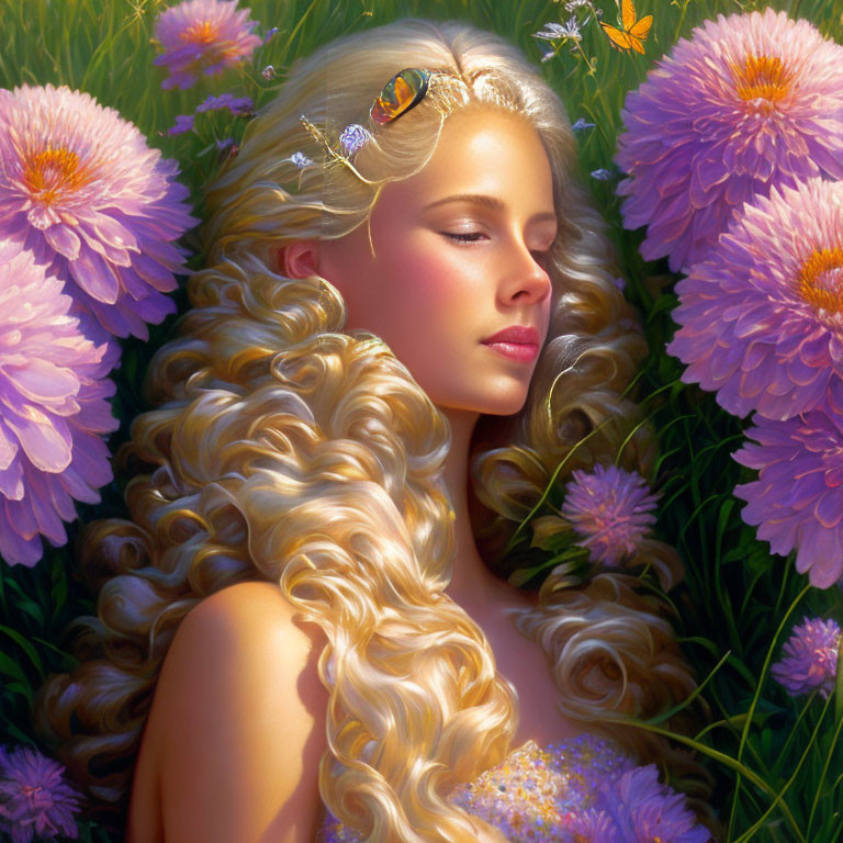 Blonde woman surrounded by pink flowers and butterflies