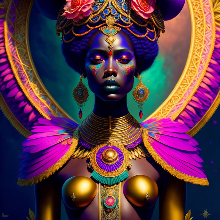 Digital artwork of woman with purple skin in vibrant traditional attire against golden moon.