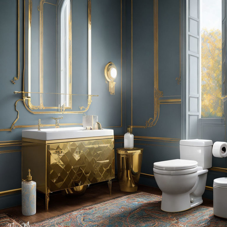 Luxurious bathroom with gold accents, blue walls, white fixtures, and autumn tree view