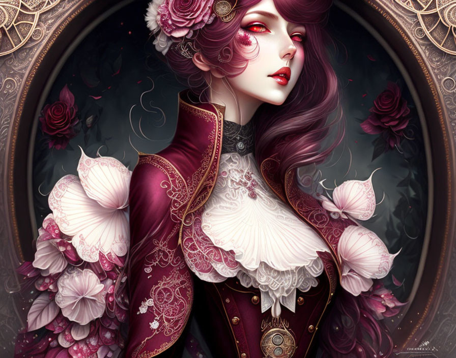 Detailed Illustration: Woman with Purple Hair, Red Lips, Luxurious Burgundy Outfit, Sur