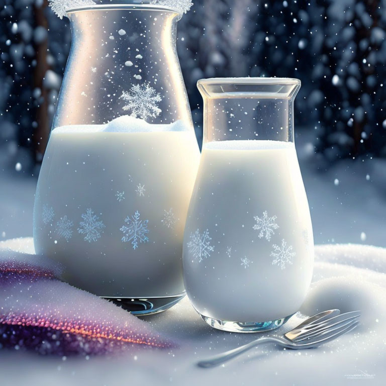 Pitcher and Glass of Milk with Snowflakes on Snowy Surface