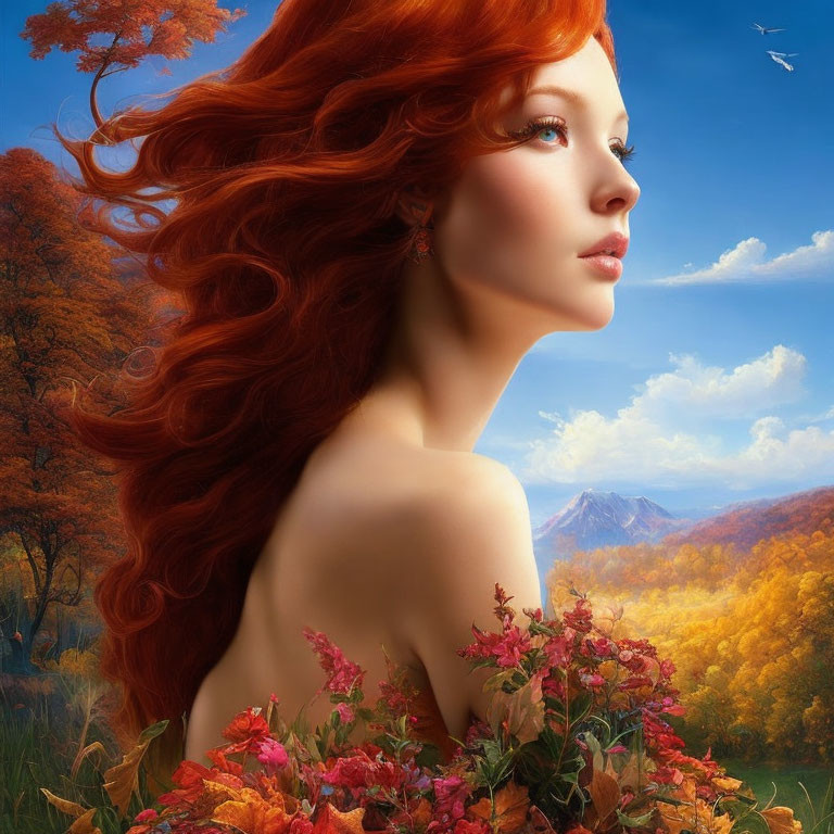 Woman with Red Hair in Autumnal Landscape with Mountains