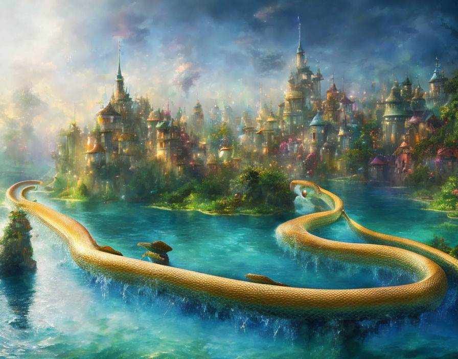 Fantastical landscape with giant serpent and ethereal cityscape at twilight