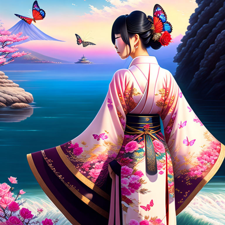 Woman in Floral Kimono Admiring Sea with Butterflies and Cherry Blossoms