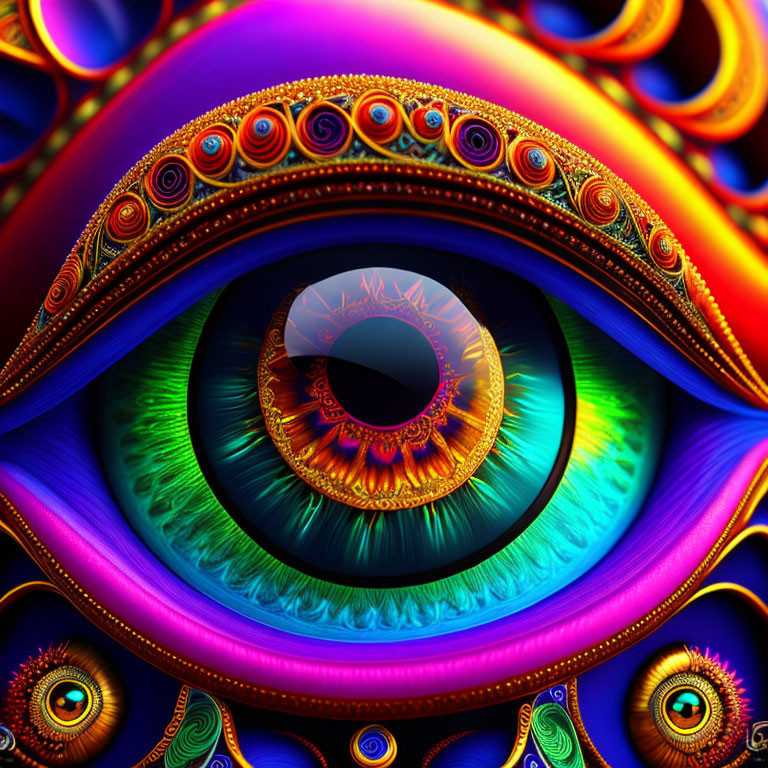 Colorful fractal image with central eye and swirling patterns reminiscent of peacock feathers