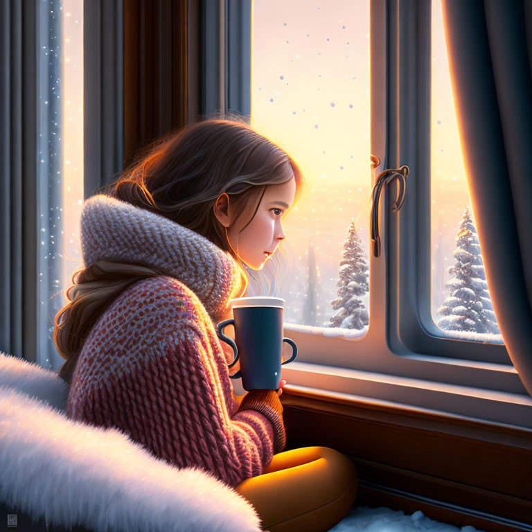 Girl in cozy sweater gazes at snowy landscape through window.