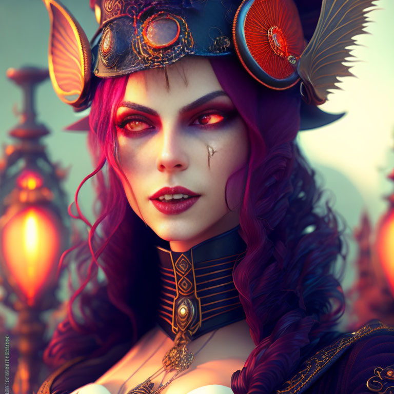 Purple-haired woman in steampunk hat and choker with red eyes.