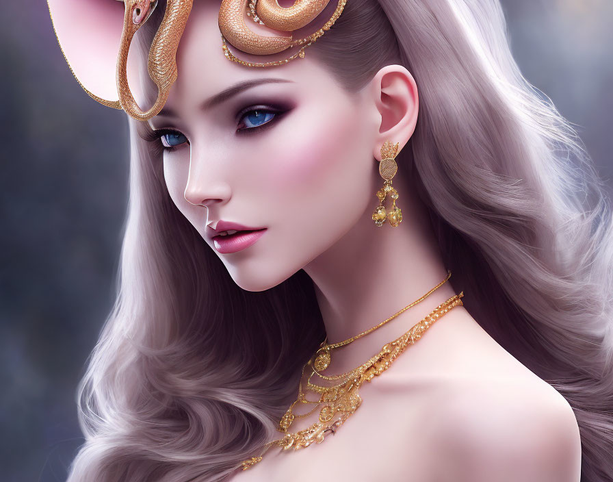 Digital Artwork: Woman with Striking Features and Gold Snake Jewelry