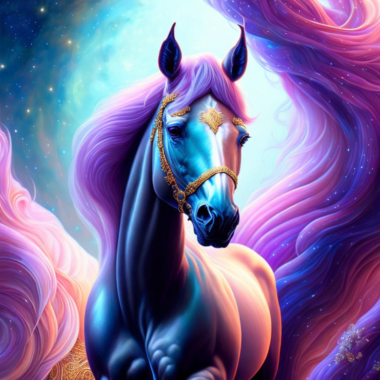 Majestic animated blue horse with golden bridle in cosmic background