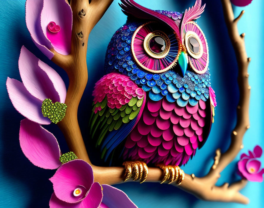 Colorful Owl Illustration Perched on Branch with Pink Flowers