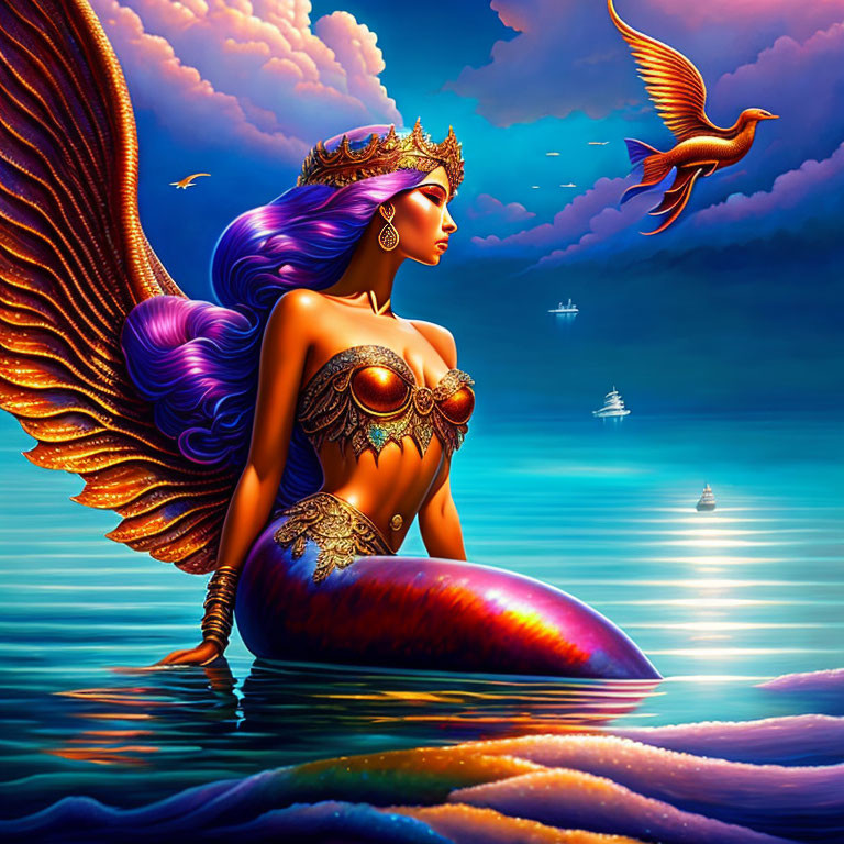 Fantastical purple-haired mermaid in golden attire gazes at ships under vibrant sky.