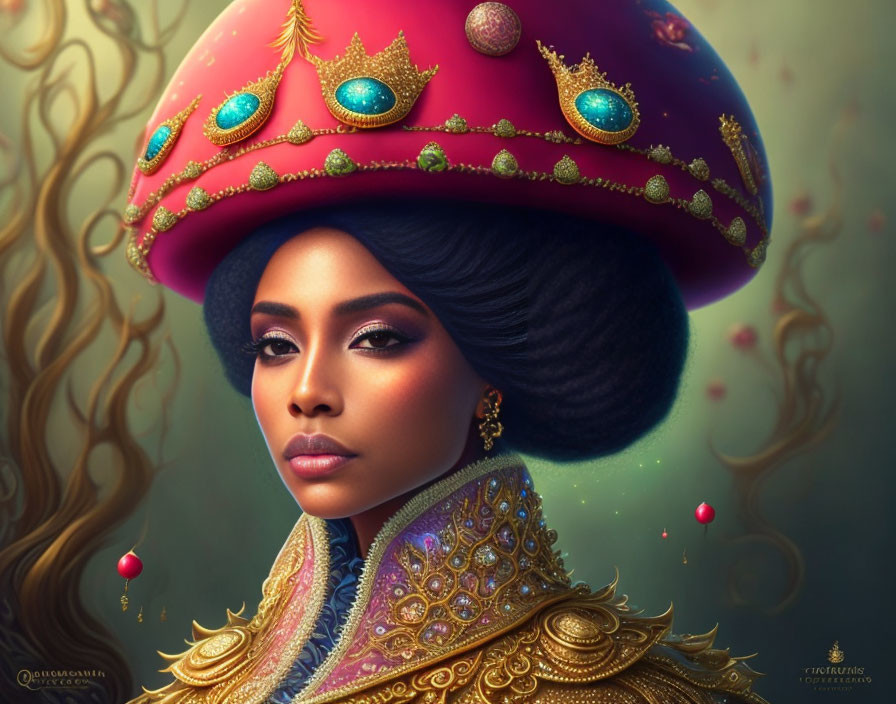 Digital portrait of a woman with stylized hair and lavish red mushroom cap hat, golden shoulder armor,