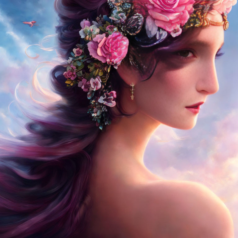 Woman with Floral Headpiece and Purple Hair in Sky with Clouds and Bird