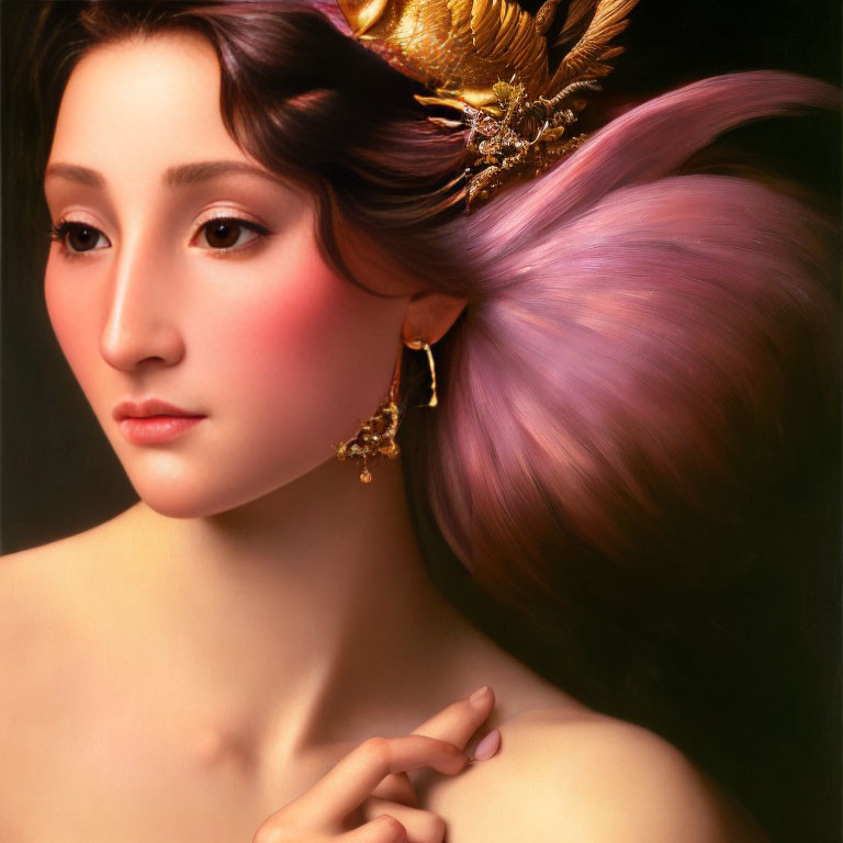 Portrait of Woman with Flowing Pink Hair and Golden Adornments