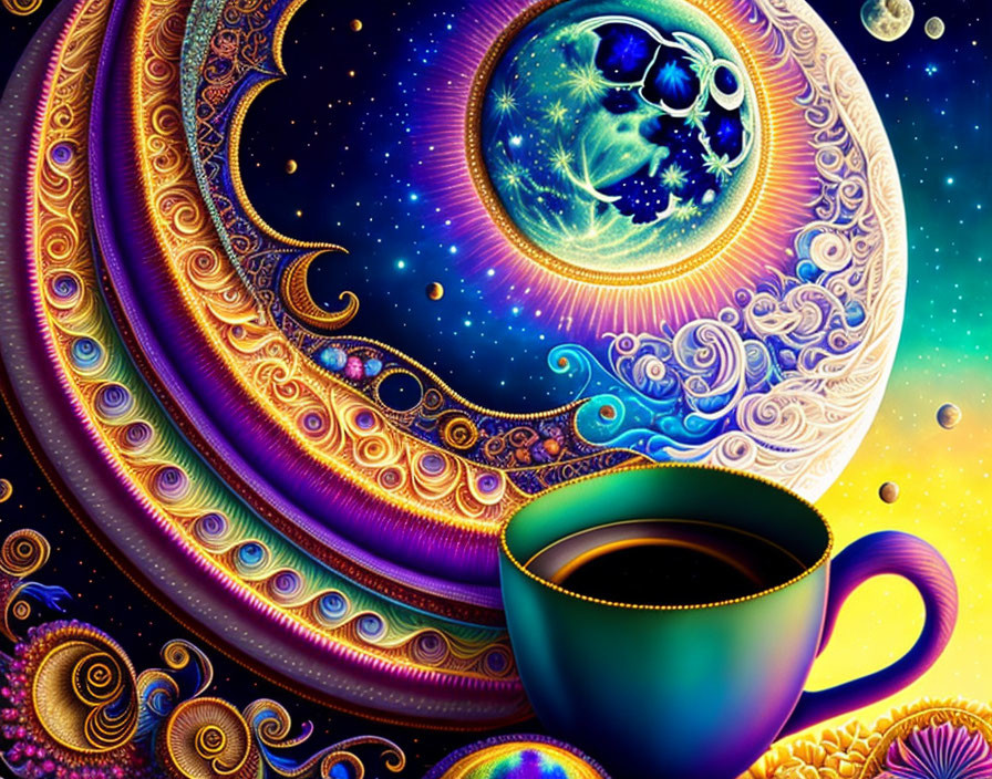 Colorful Cosmic Scene with Moon, Stars, and Ornate Patterns Next to Steaming Coffee