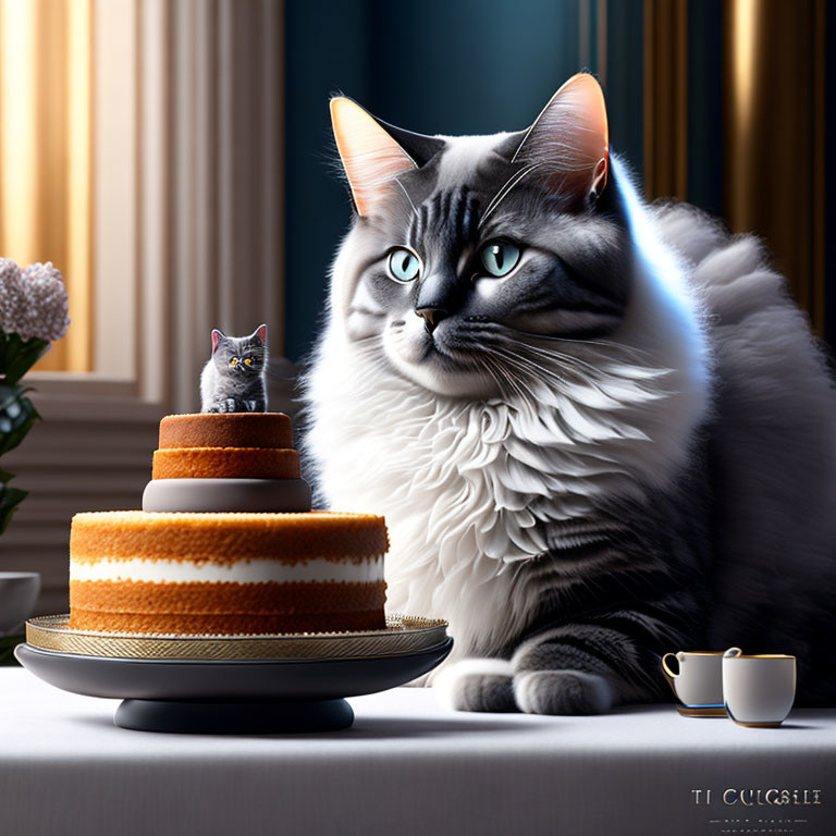 Fluffy cat with striking eyes next to three-tiered cake and tiny grey cat on top