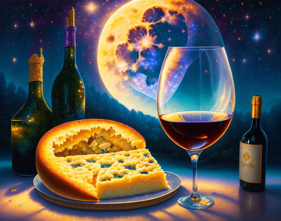 Illustration of cheese pie, wine glass, bottles under cosmic sky