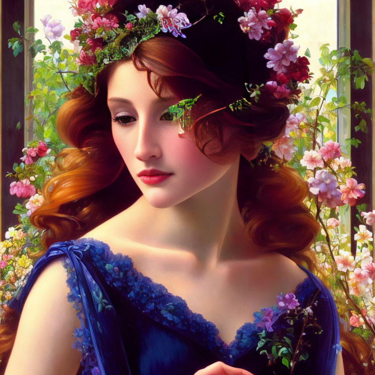 Portrait of Woman with Floral Wreath in Red Hair and Blue Dress