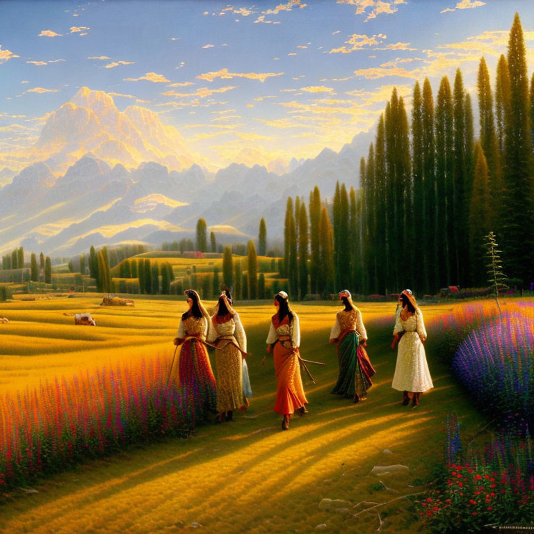 Traditional Attire Women Walking in Flower-Filled Meadow