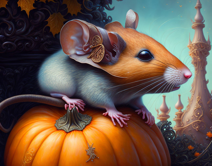 Whimsical orange mouse with ear jewelry on a pumpkin in mystical setting