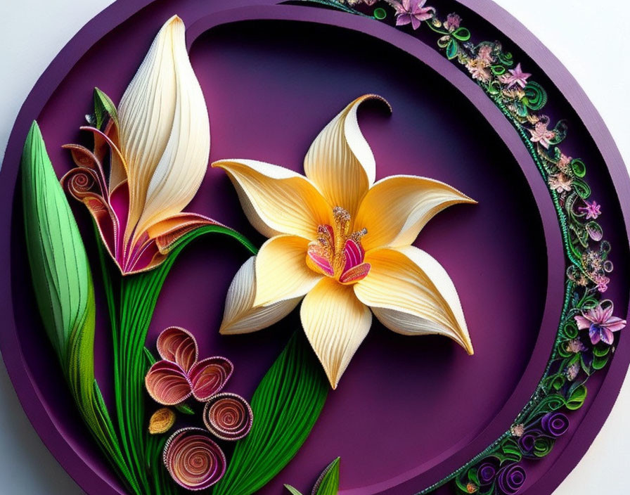 Colorful paper quilling art: Yellow lily, white edges, surrounded by flowers & leaves in