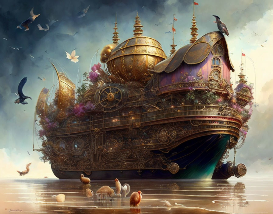 Steampunk ship with golden details floating in the sky