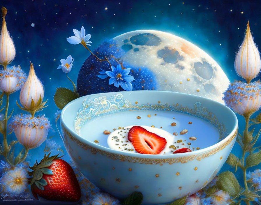 Surreal image: bowl of cereal, fruit, starry sky, moon, flowers