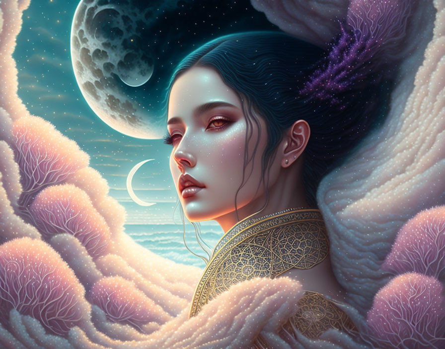 Woman's portrait with cosmic theme and moonlit sea backdrop.