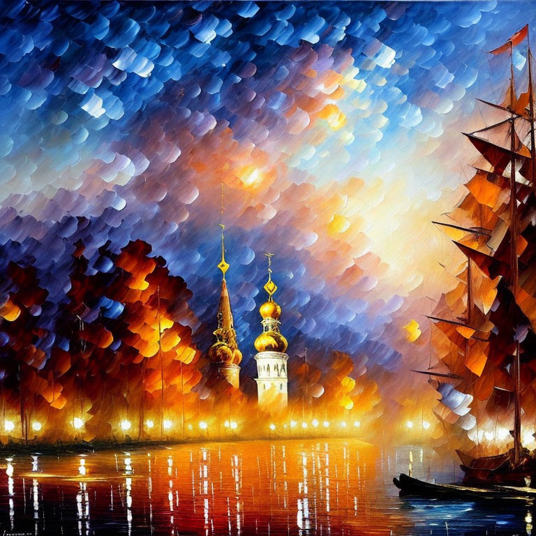 Russian Church Painting: Golden Domes, River Reflections, Night Scene