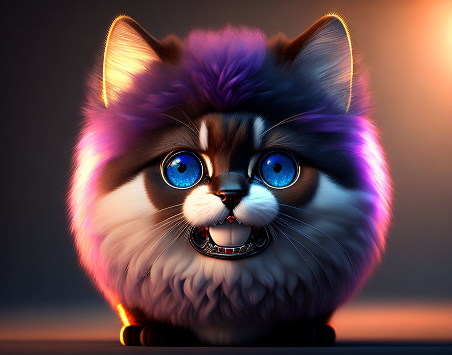 Fluffy cat with sparkling blue eyes and purple fur