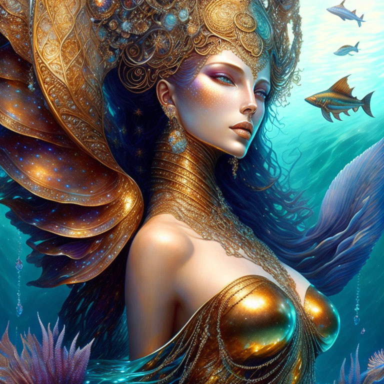 Fantasy image of woman in golden attire with marine life in vibrant underwater scene