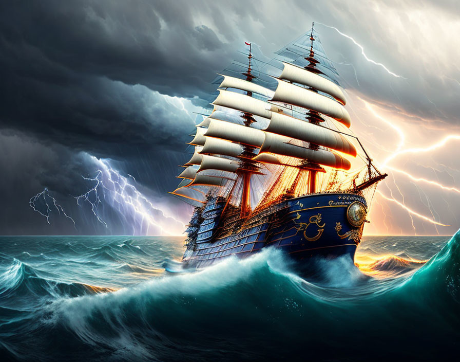 Tall Ship Sailing Stormy Seas with Full Sails & Lightning