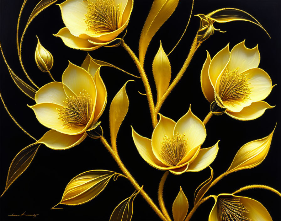 Luxurious golden stylized floral design on dark background