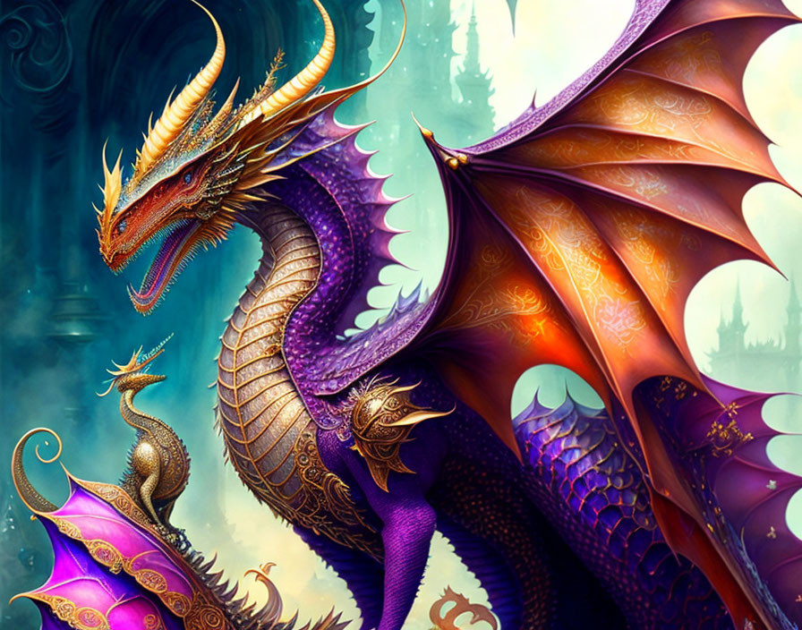 Majestic dragon with golden horns and purple scales in fantastical cityscape