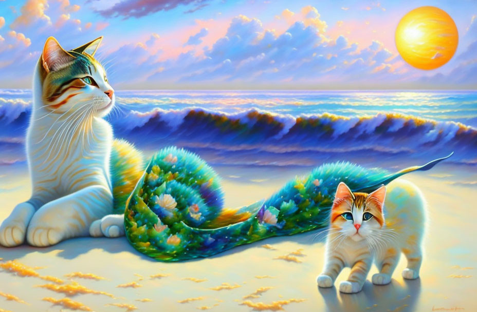 Vivid painting of fantastical cats with peacock-like tails on beach at sunset